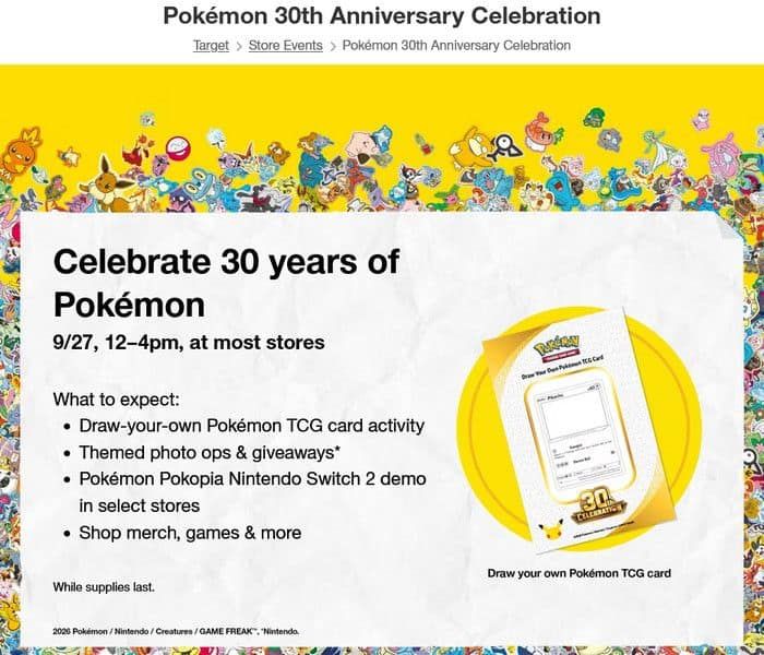 Target celebrará los 30 años de Pokémon con un evento especial el 27 de septiembre Target celebrará los 30 años de Pokémon con un evento especial el 27 de septiembre
