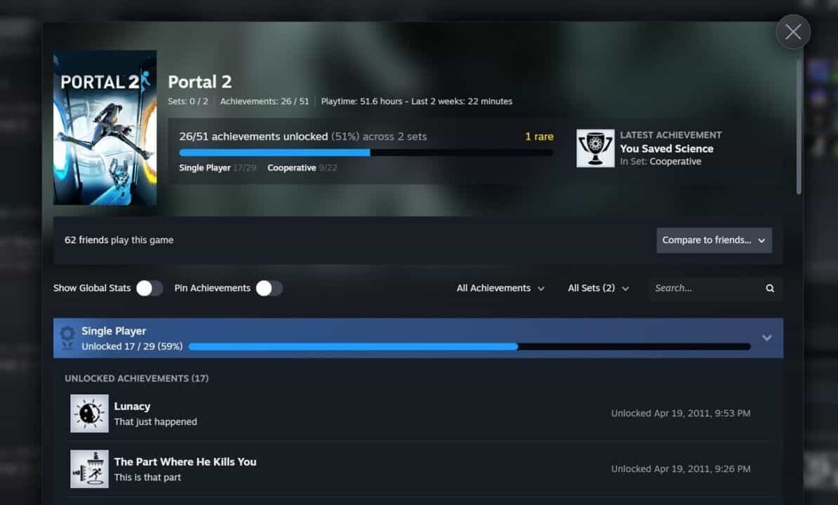 Steam separa los logros de los DLC que no tienes del progreso global en su nueva beta